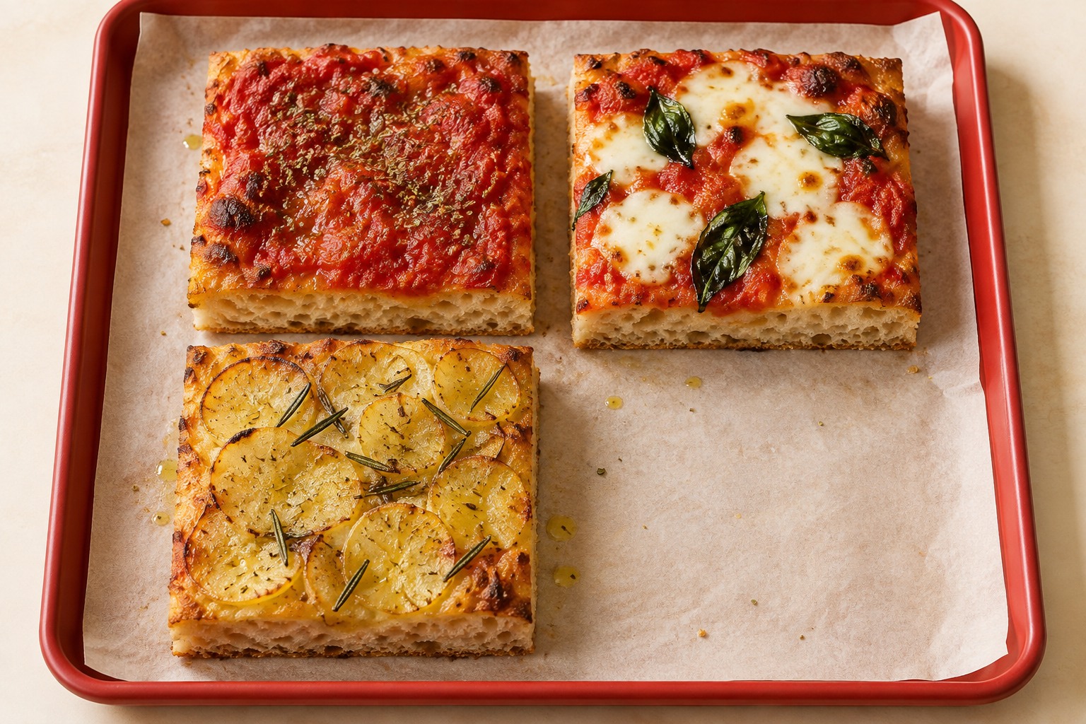 Tre pezzi quadrati di pizza: rossa, margherita e salsiccia